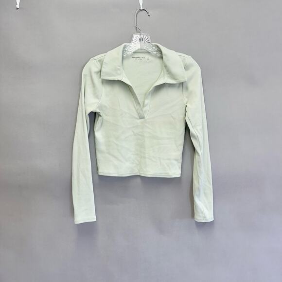 Abercrombie & Fitch Mint Green Ribbed Polo Long Sleeve Cropped Top Size Small‎ - Picture 2 of 11